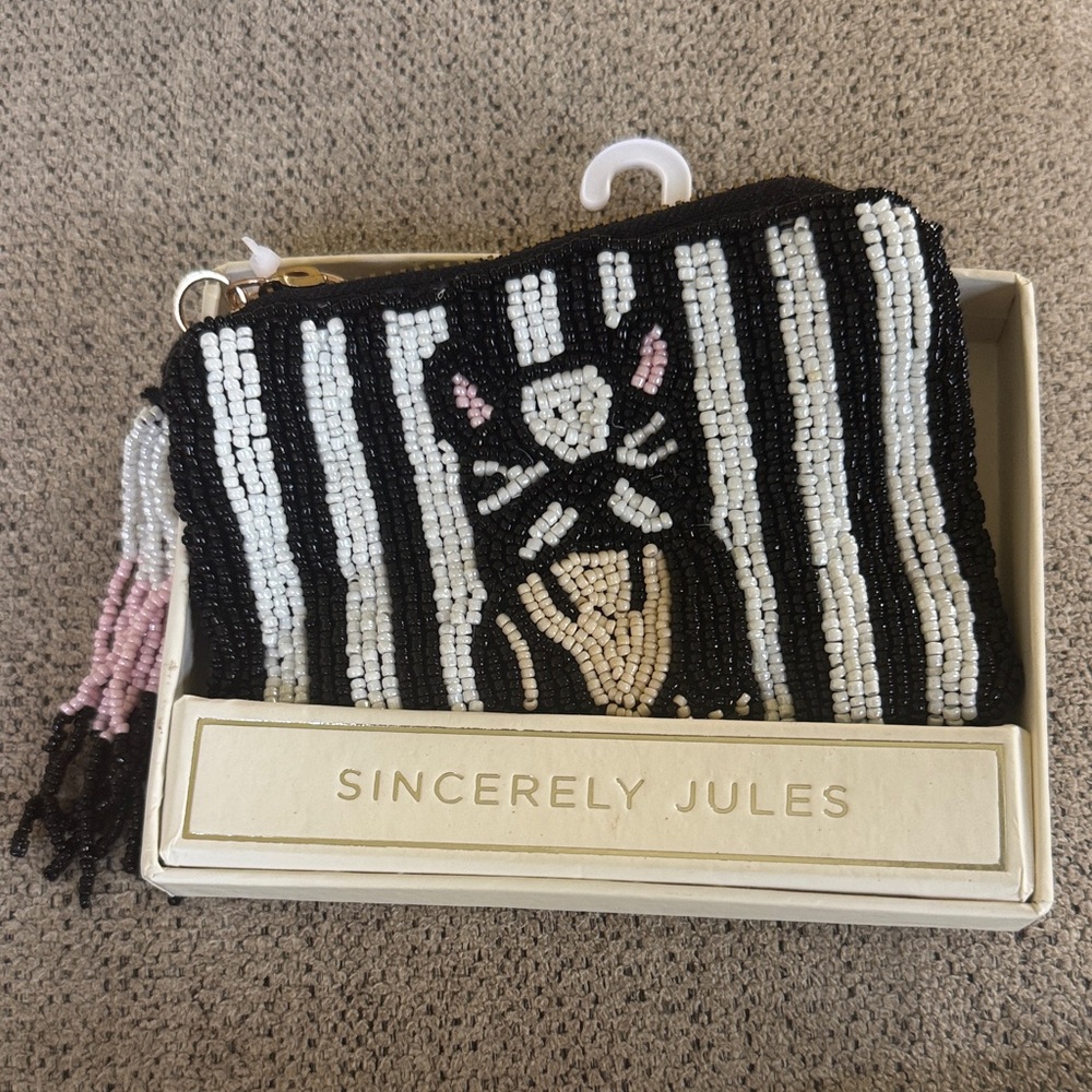 Sincerely Jules Black & White Beaded Cat Stripe Wristlet with Pink Accent